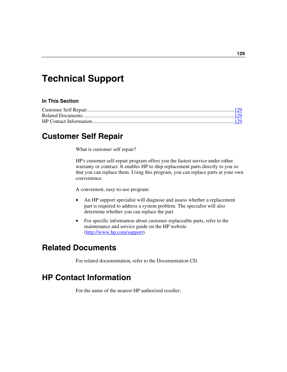 Technical support, Customer self repair, Related documents | Hp contact information | HP ProLiant DL360 G4p Server User Manual | Page 129 / 140