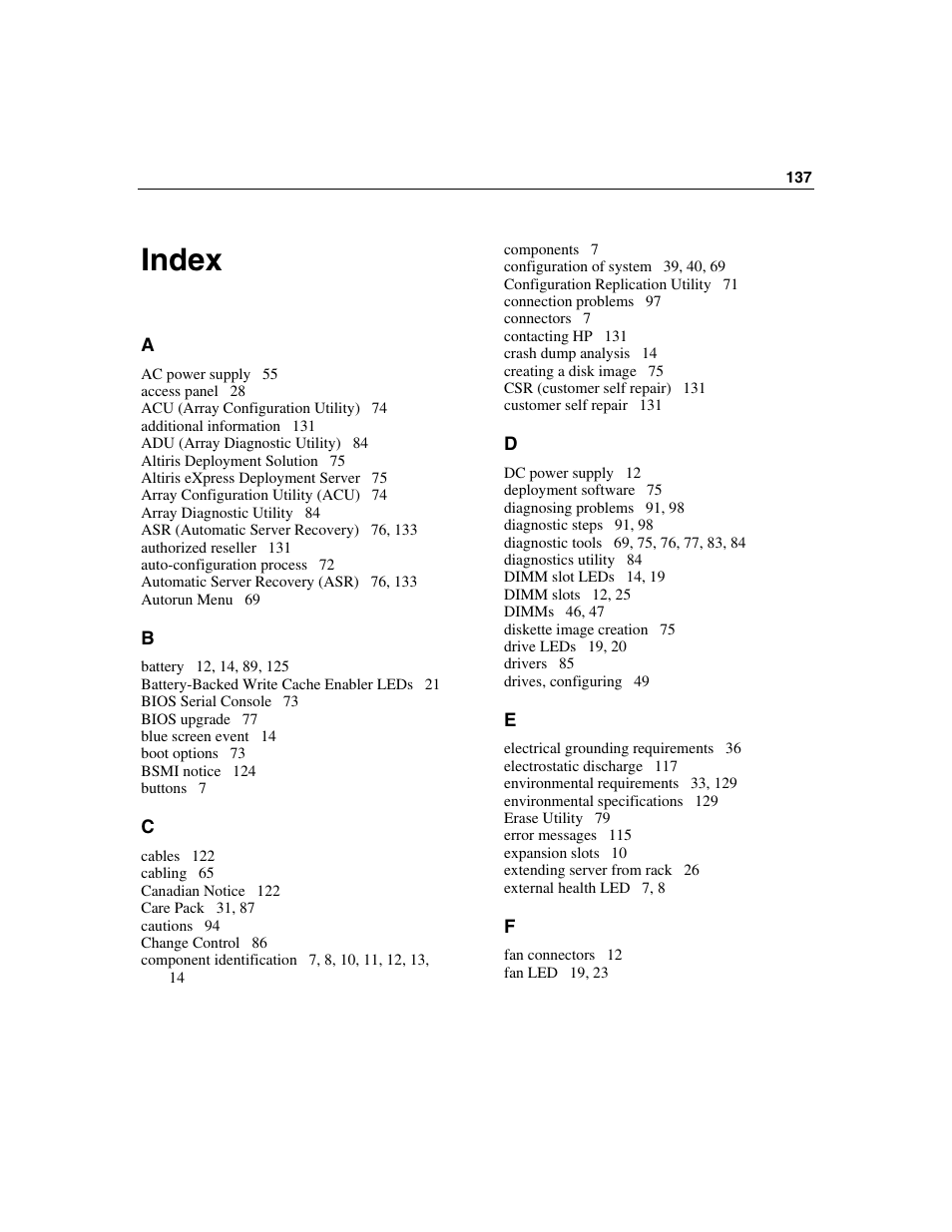 Index, Index 137 | HP ProLiant DL360 G4p Server User Manual | Page 137 / 140