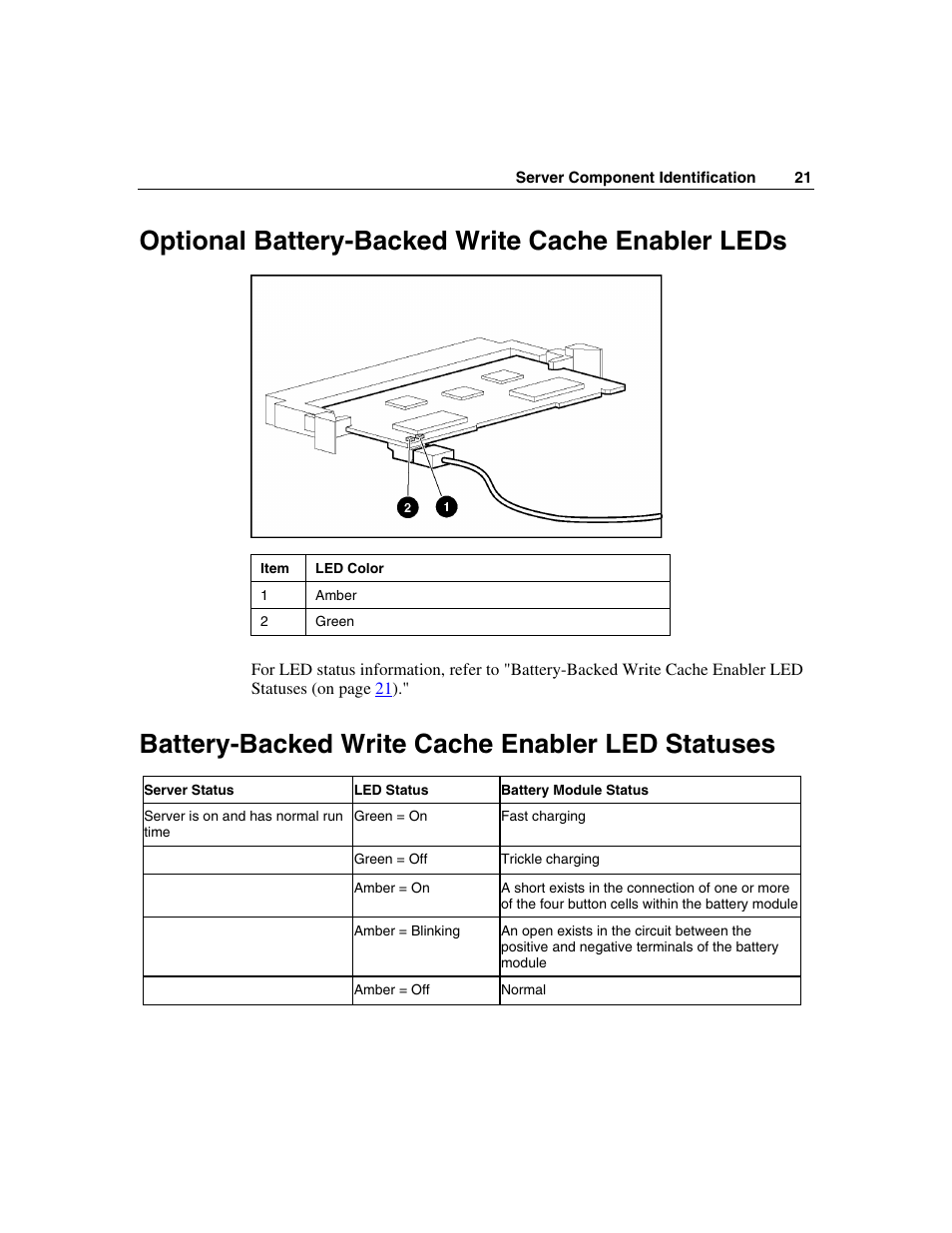 Optional battery-backed write cache enabler leds, Battery-backed write cache enabler led statuses | HP ProLiant DL360 G4p Server User Manual | Page 21 / 140