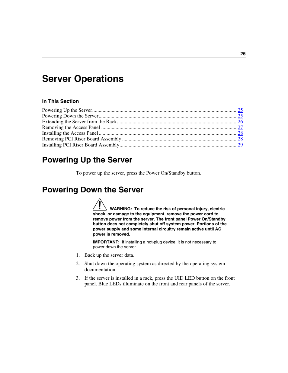 Server operations, Powering up the server, Powering down the server | HP ProLiant DL360 G4p Server User Manual | Page 25 / 140