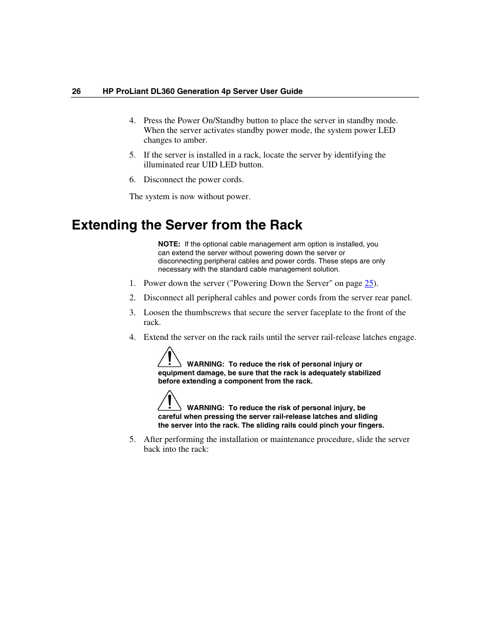 Extending the server from the rack | HP ProLiant DL360 G4p Server User Manual | Page 26 / 140