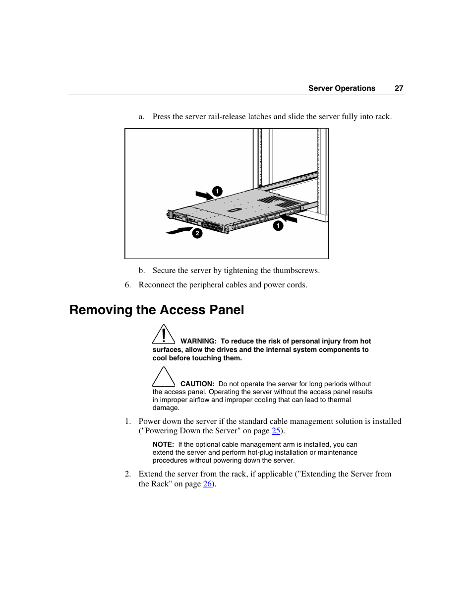 Removing the access panel | HP ProLiant DL360 G4p Server User Manual | Page 27 / 140