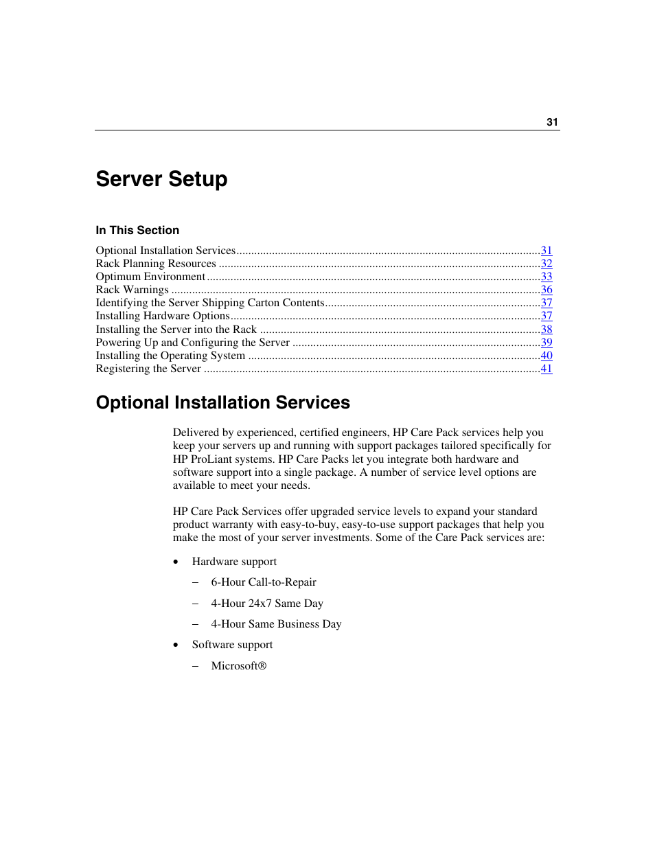 Server setup, Optional installation services | HP ProLiant DL360 G4p Server User Manual | Page 31 / 140