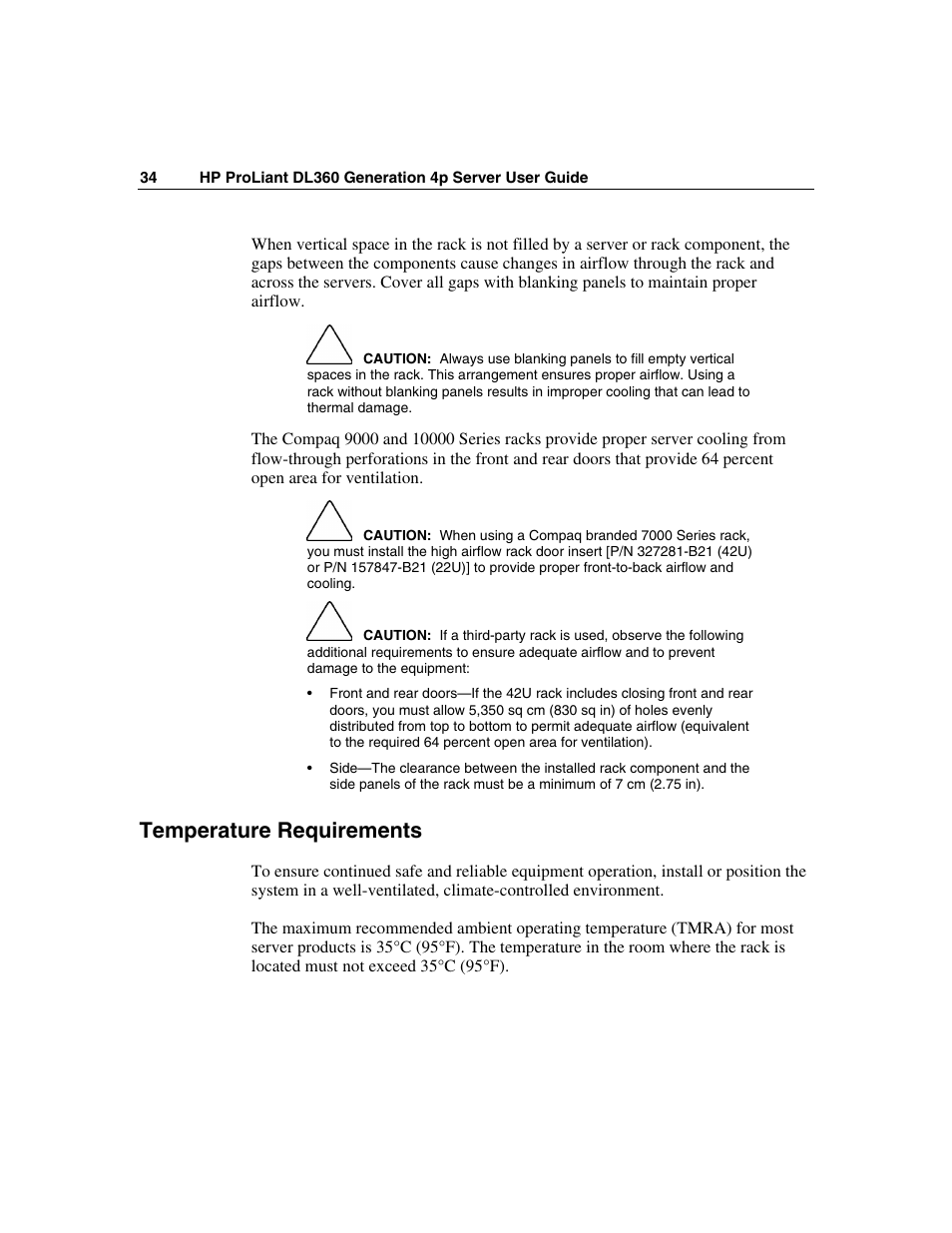 Temperature requirements | HP ProLiant DL360 G4p Server User Manual | Page 34 / 140