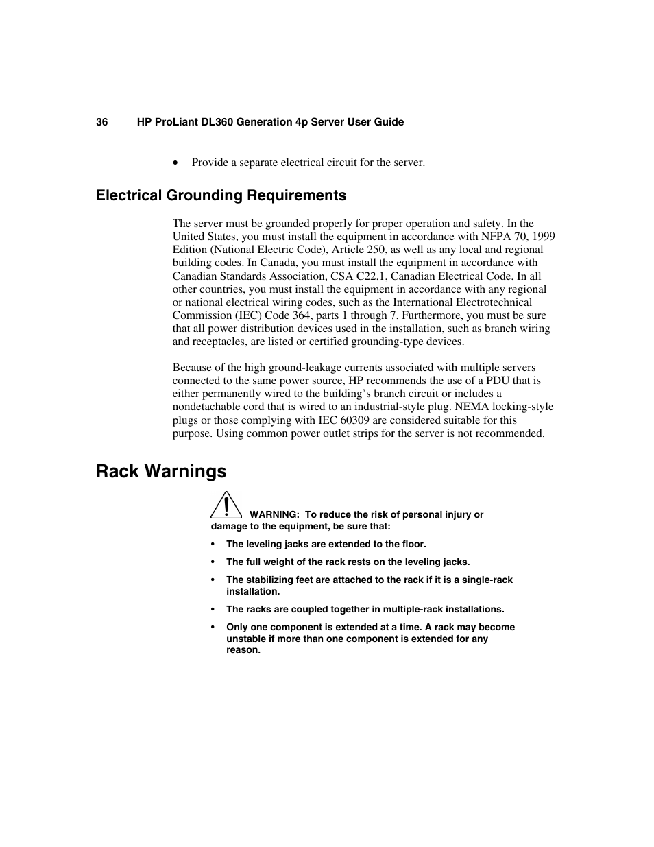 Electrical grounding requirements, Rack warnings | HP ProLiant DL360 G4p Server User Manual | Page 36 / 140