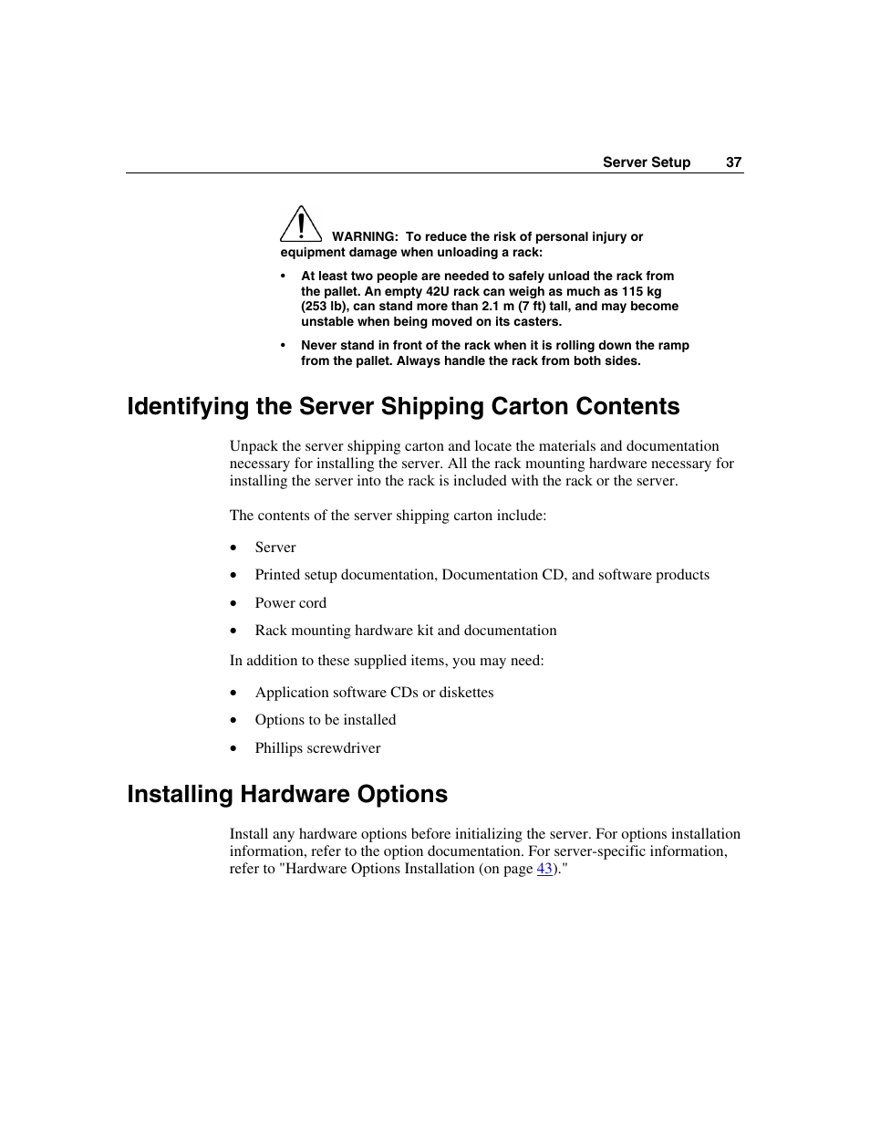 Identifying the server shipping carton contents, Installing hardware options | HP ProLiant DL360 G4p Server User Manual | Page 37 / 140