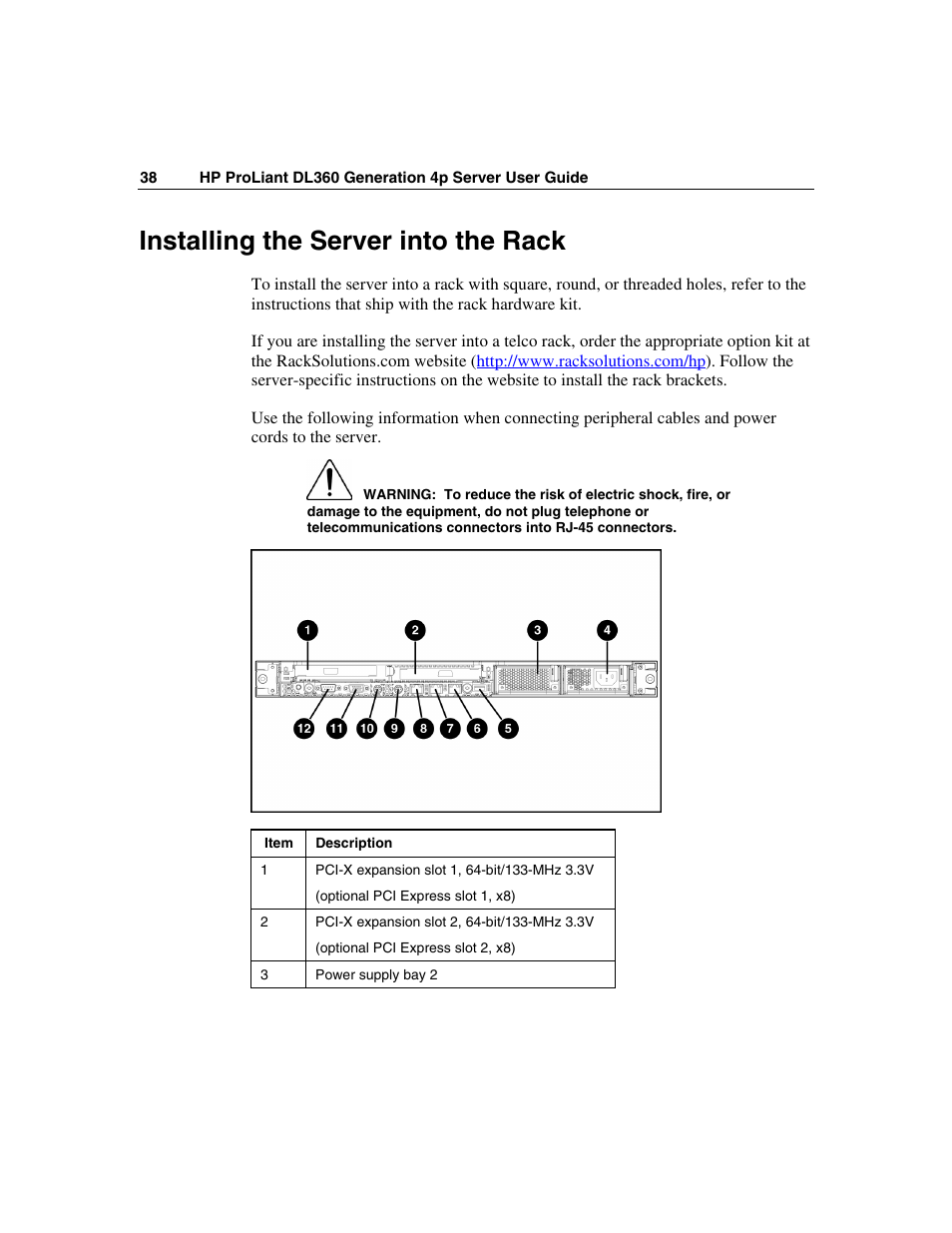 Installing the server into the rack | HP ProLiant DL360 G4p Server User Manual | Page 38 / 140