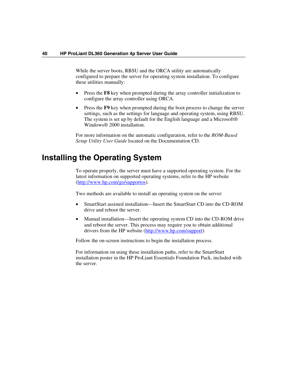 Installing the operating system | HP ProLiant DL360 G4p Server User Manual | Page 40 / 140