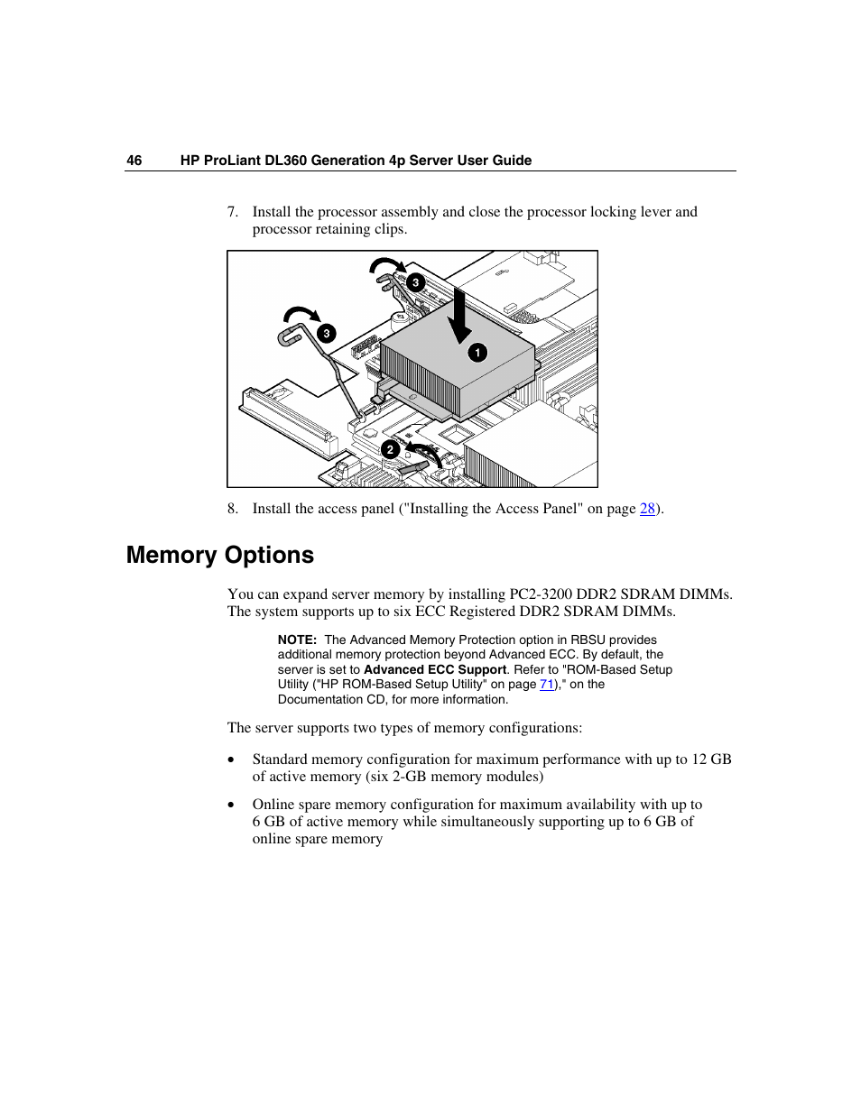 Memory options | HP ProLiant DL360 G4p Server User Manual | Page 46 / 140