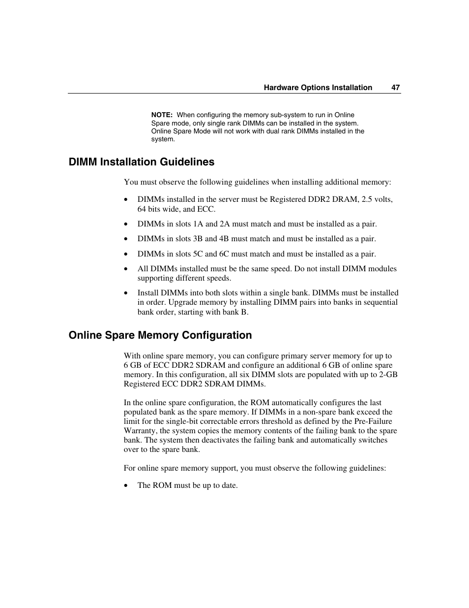 Dimm installation guidelines, Online spare memory configuration | HP ProLiant DL360 G4p Server User Manual | Page 47 / 140