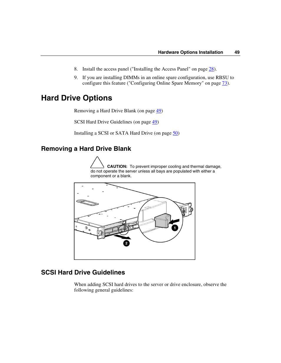 Hard drive options, Removing a hard drive blank, Scsi hard drive guidelines | HP ProLiant DL360 G4p Server User Manual | Page 49 / 140