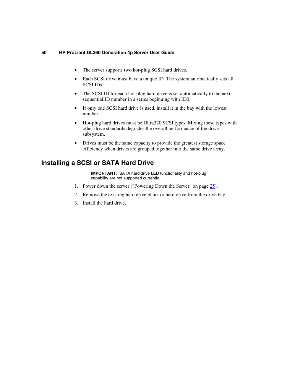 Installing a scsi or sata hard drive | HP ProLiant DL360 G4p Server User Manual | Page 50 / 140