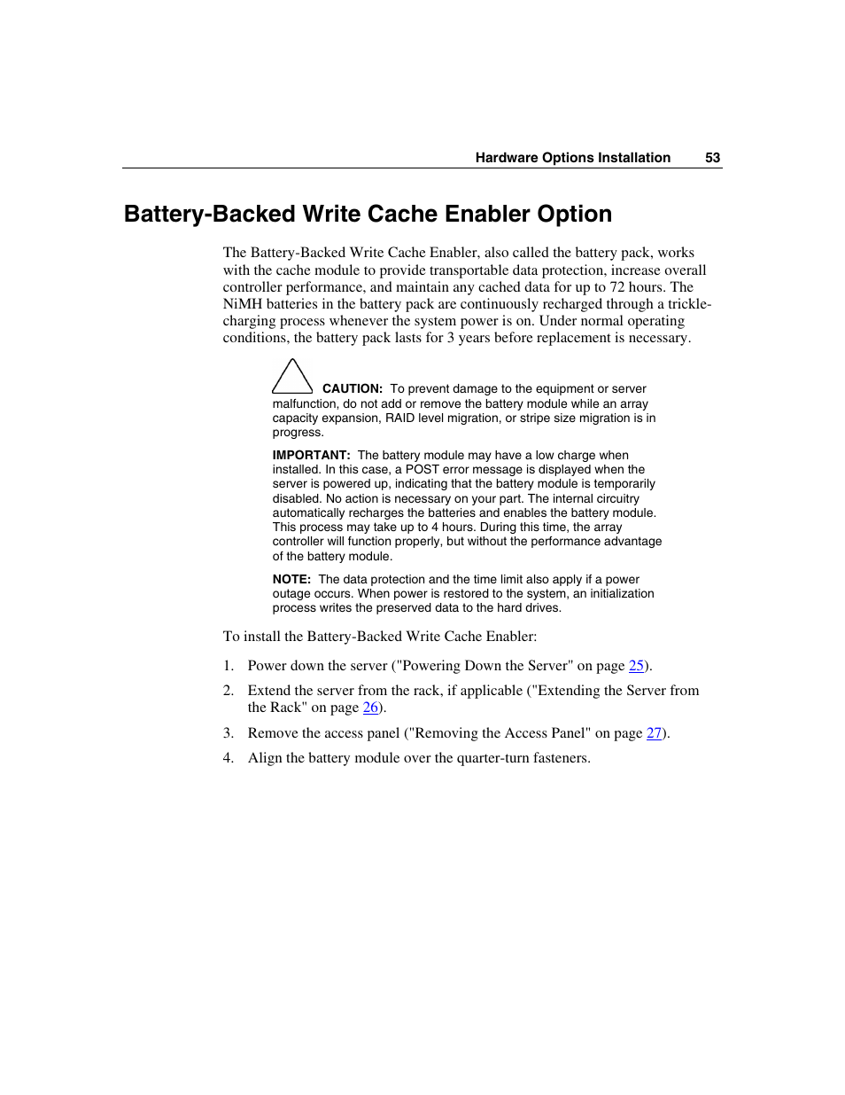 Battery-backed write cache enabler option | HP ProLiant DL360 G4p Server User Manual | Page 53 / 140