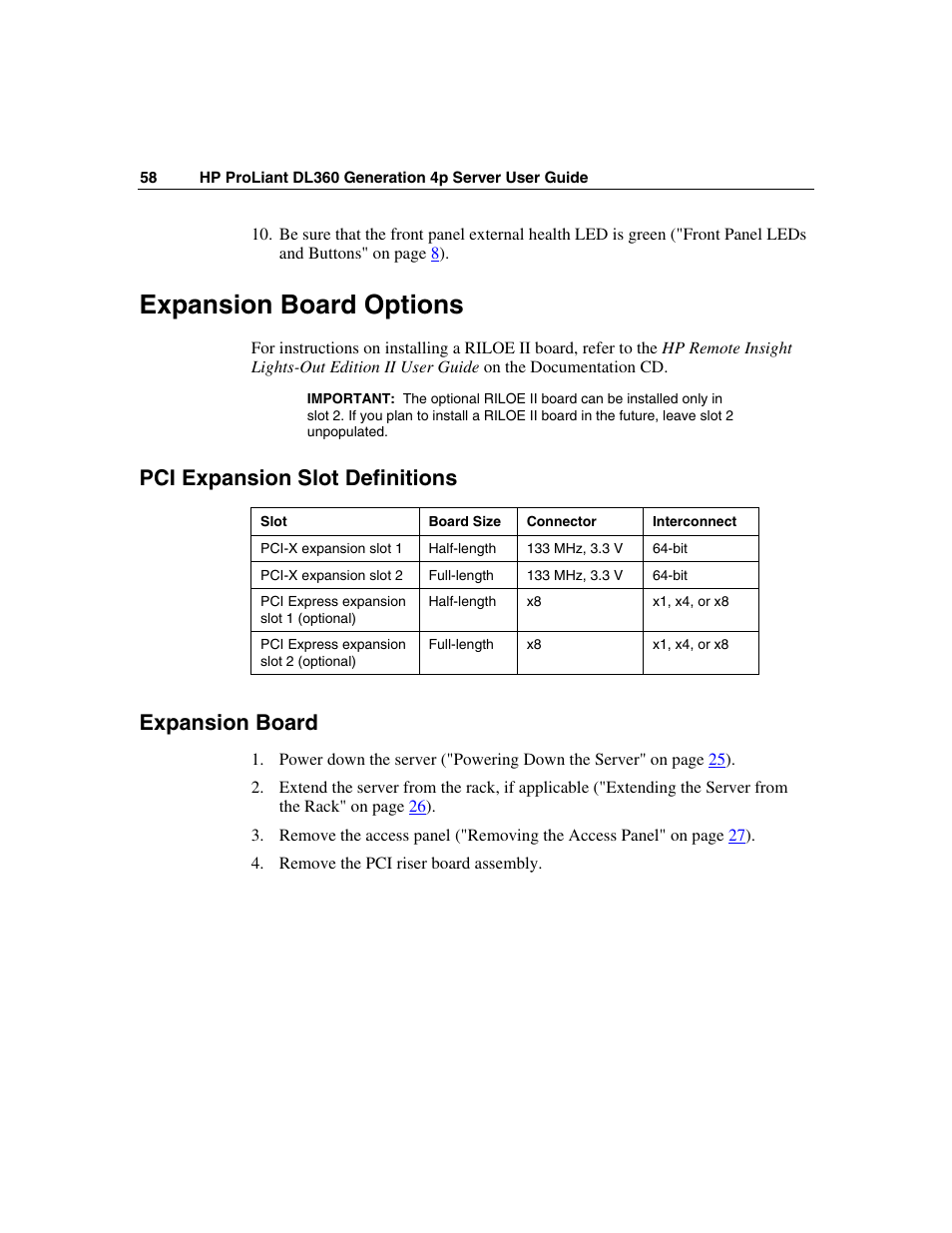 Expansion board options, Pci expansion slot definitions, Expansion board | HP ProLiant DL360 G4p Server User Manual | Page 58 / 140