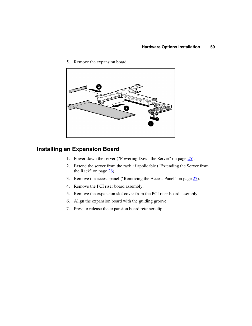 Installing an expansion board, Installing an, Expansion board | HP ProLiant DL360 G4p Server User Manual | Page 59 / 140