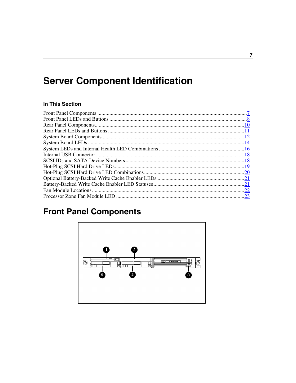 Server component identification, Front panel components | HP ProLiant DL360 G4p Server User Manual | Page 7 / 140