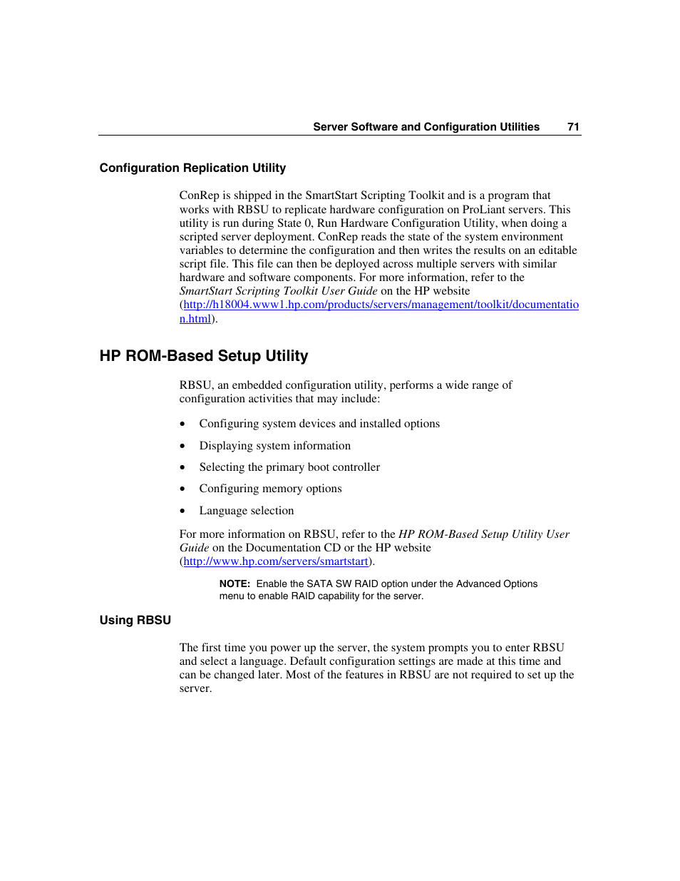 Configuration replication utility, Hp rom-based setup utility, Using rbsu | HP ProLiant DL360 G4p Server User Manual | Page 71 / 140