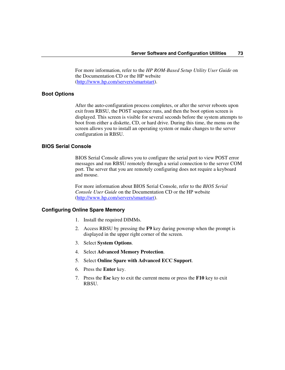 Boot options, Bios serial console, Configuring online spare memory | HP ProLiant DL360 G4p Server User Manual | Page 73 / 140