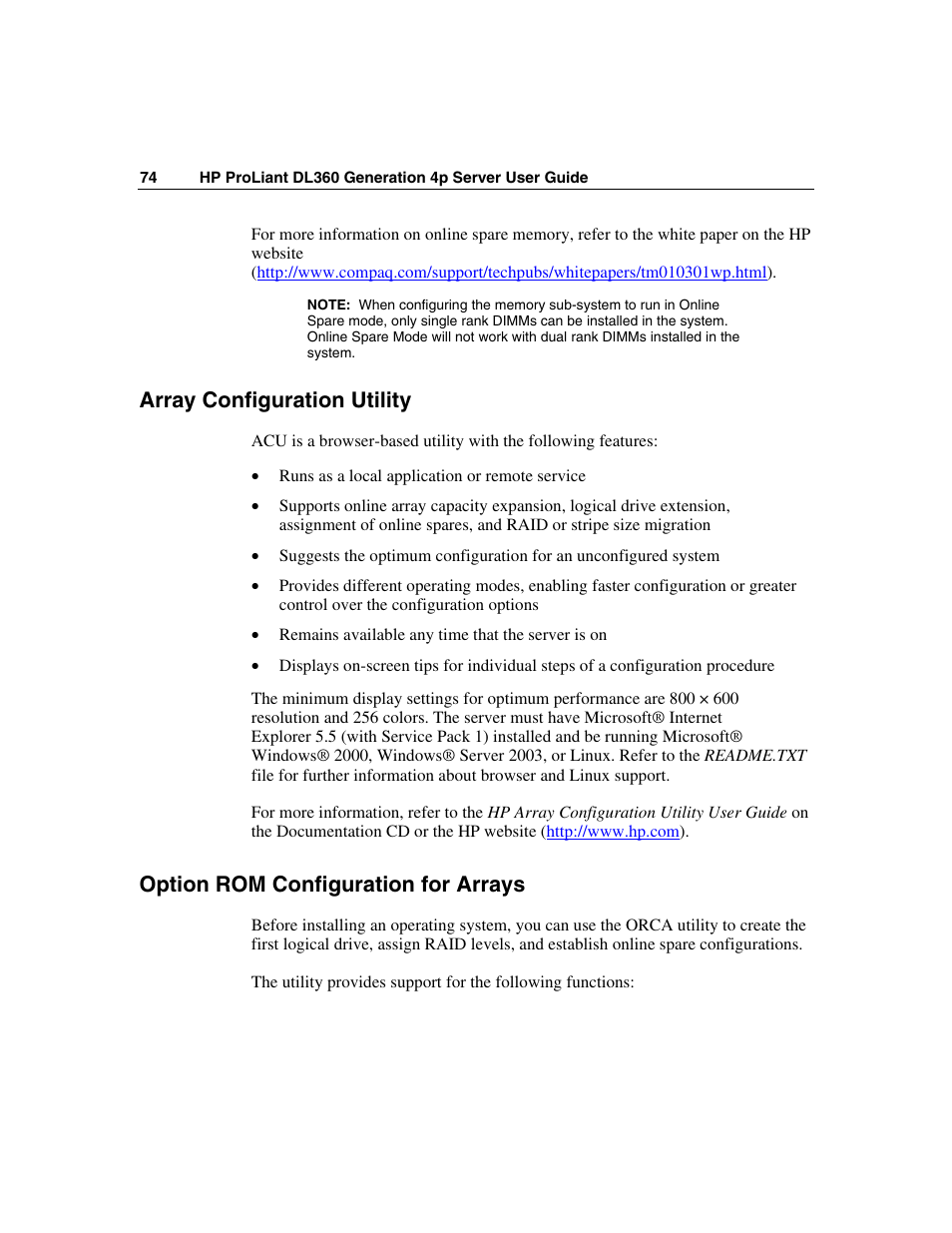 Array configuration utility, Option rom configuration for arrays, Array | HP ProLiant DL360 G4p Server User Manual | Page 74 / 140