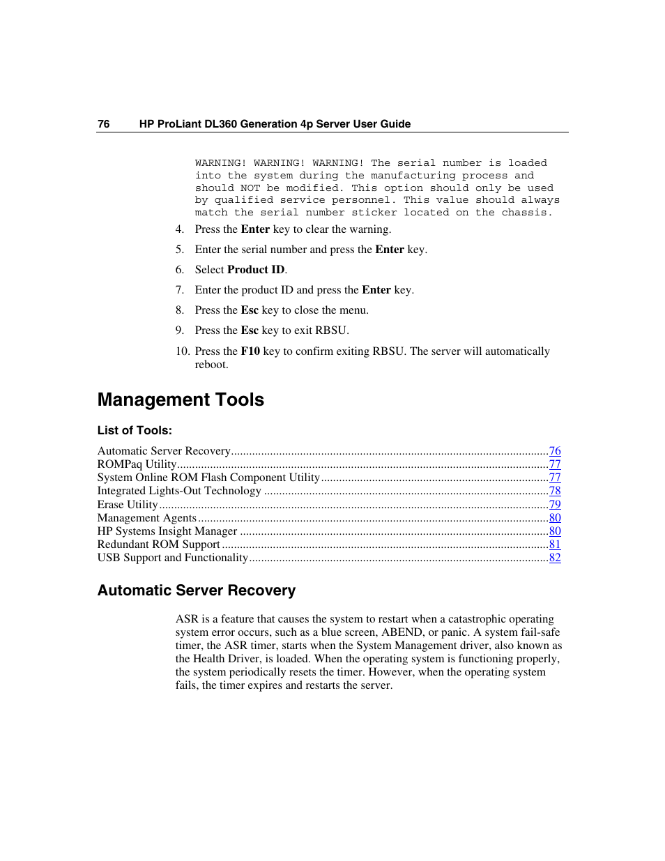 Management tools, Automatic server recovery | HP ProLiant DL360 G4p Server User Manual | Page 76 / 140