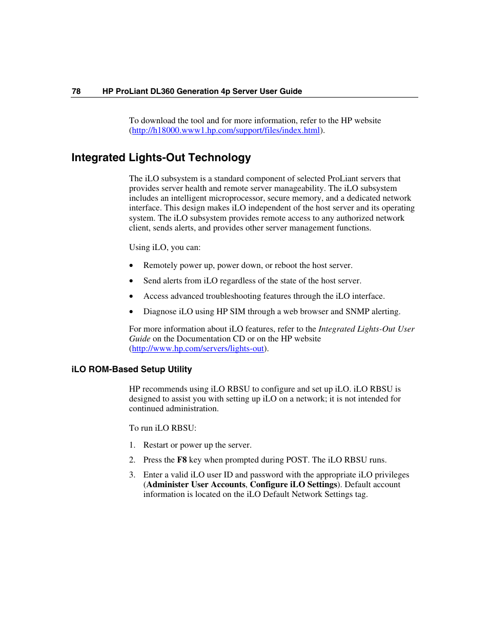 Integrated lights-out technology, Ilo rom-based setup utility | HP ProLiant DL360 G4p Server User Manual | Page 78 / 140