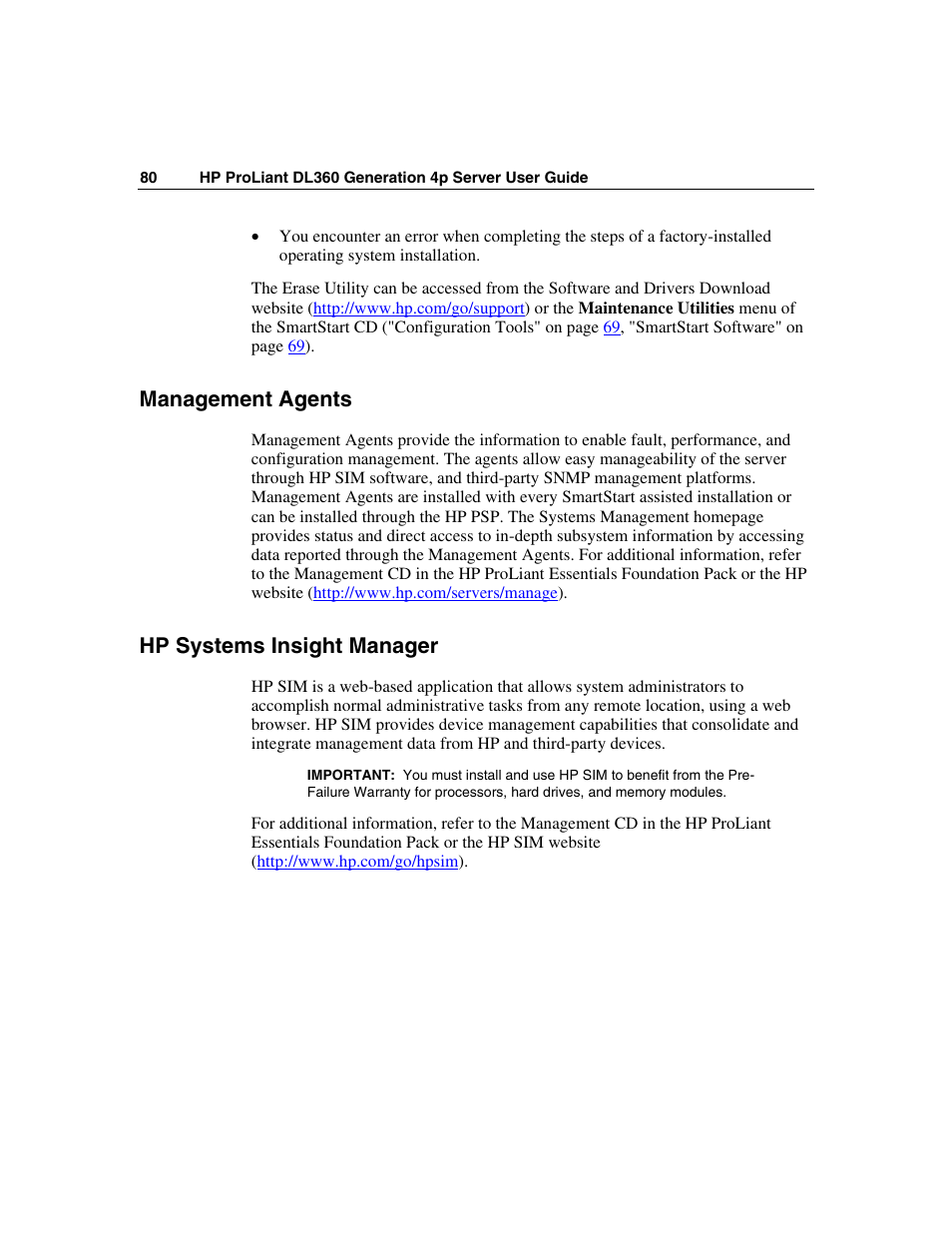 Management agents, Hp systems insight manager | HP ProLiant DL360 G4p Server User Manual | Page 80 / 140