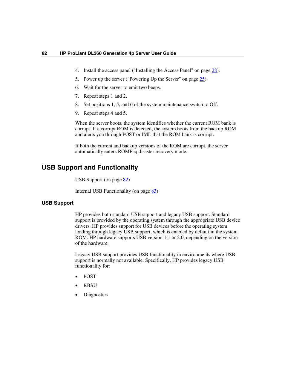 Usb support and functionality, Usb support | HP ProLiant DL360 G4p Server User Manual | Page 82 / 140