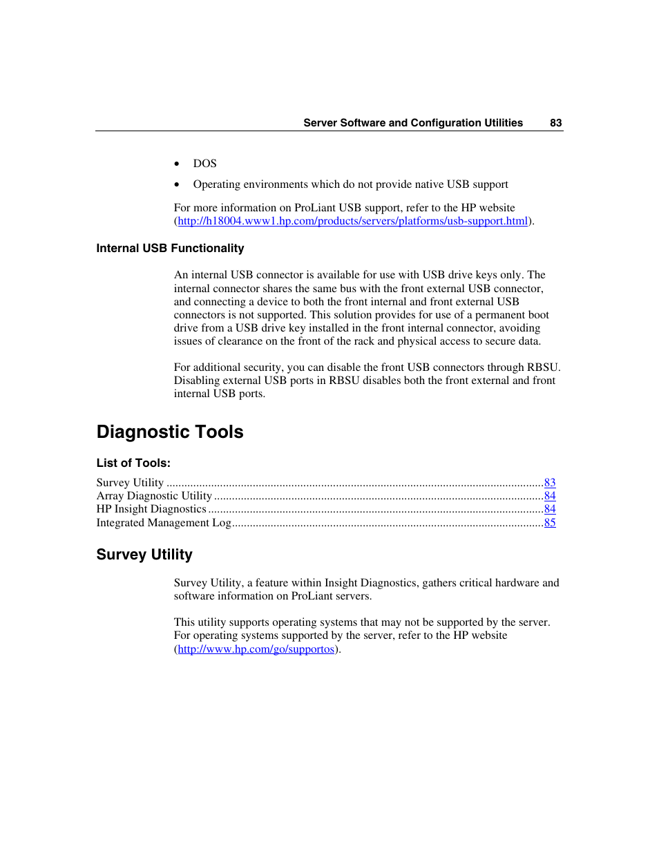 Internal usb functionality, Diagnostic tools, Survey utility | HP ProLiant DL360 G4p Server User Manual | Page 83 / 140