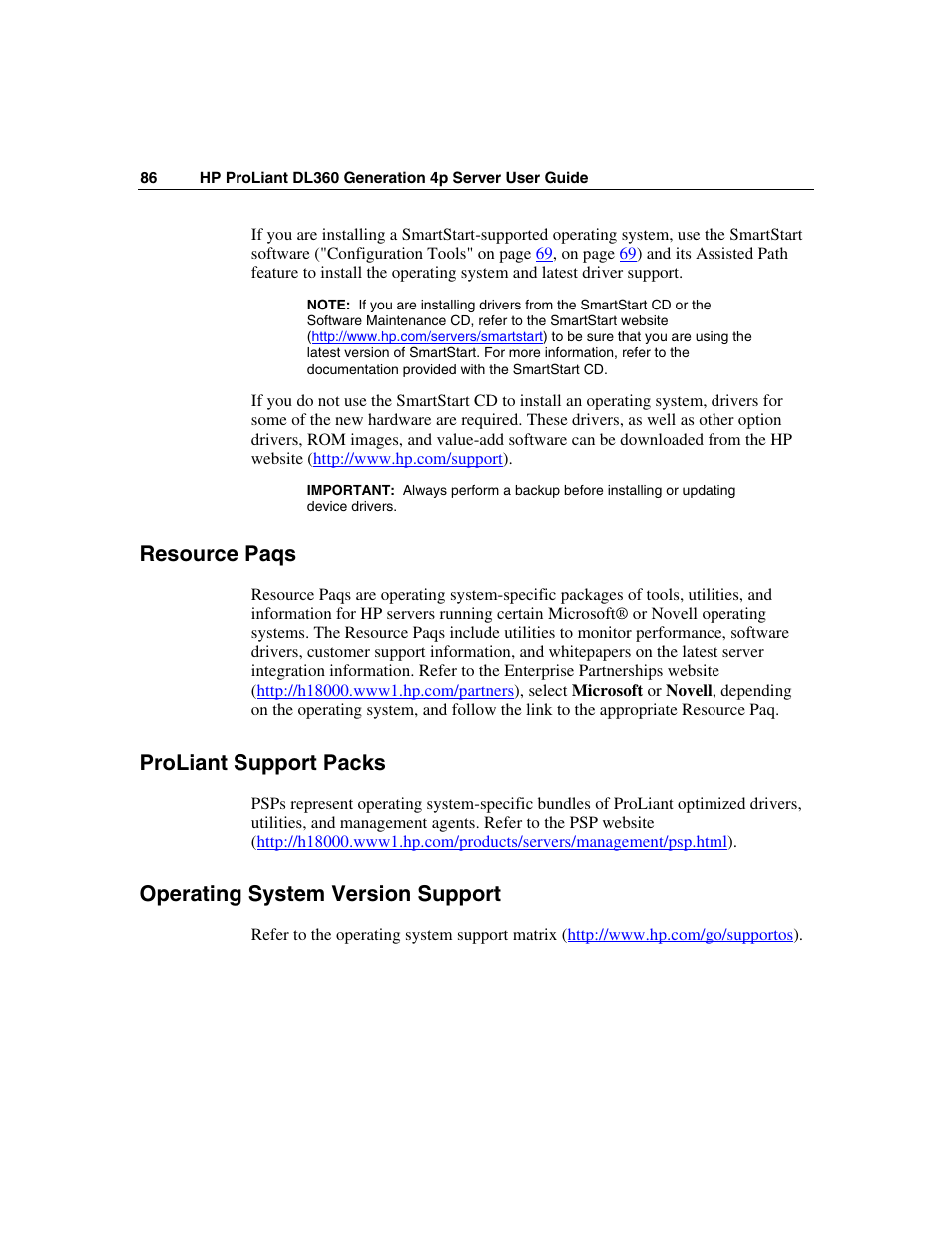 Resource paqs, Proliant support packs, Operating system version support | HP ProLiant DL360 G4p Server User Manual | Page 86 / 140