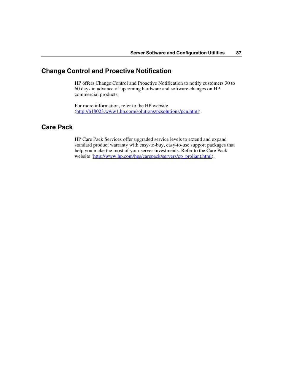 Change control and proactive notification, Care pack | HP ProLiant DL360 G4p Server User Manual | Page 87 / 140