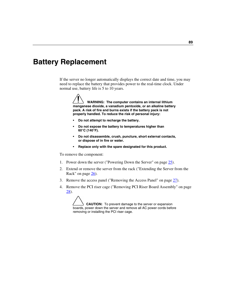 Battery replacement | HP ProLiant DL360 G4p Server User Manual | Page 89 / 140