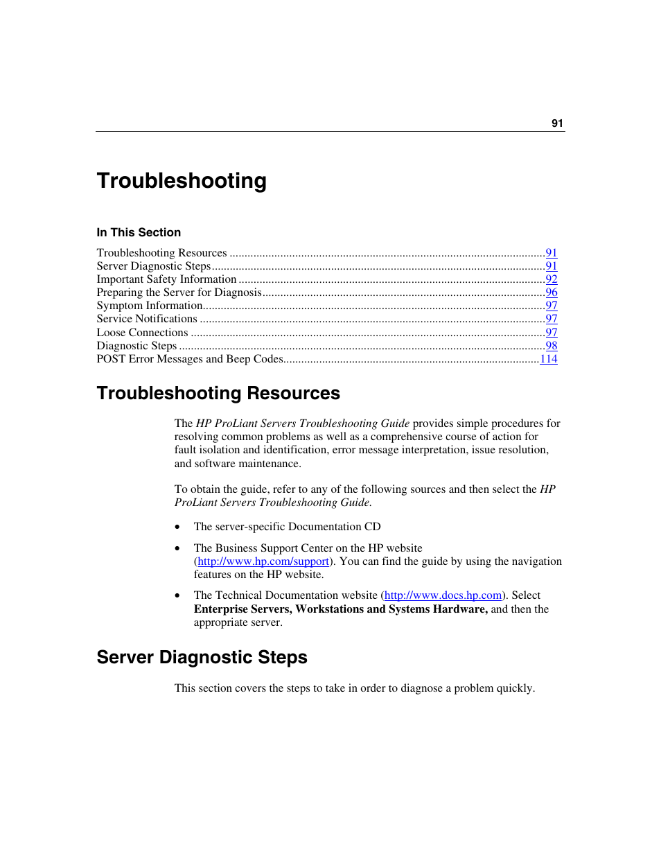 Troubleshooting, Troubleshooting resources, Server diagnostic steps | Troubleshooting 91 | HP ProLiant DL360 G4p Server User Manual | Page 91 / 140