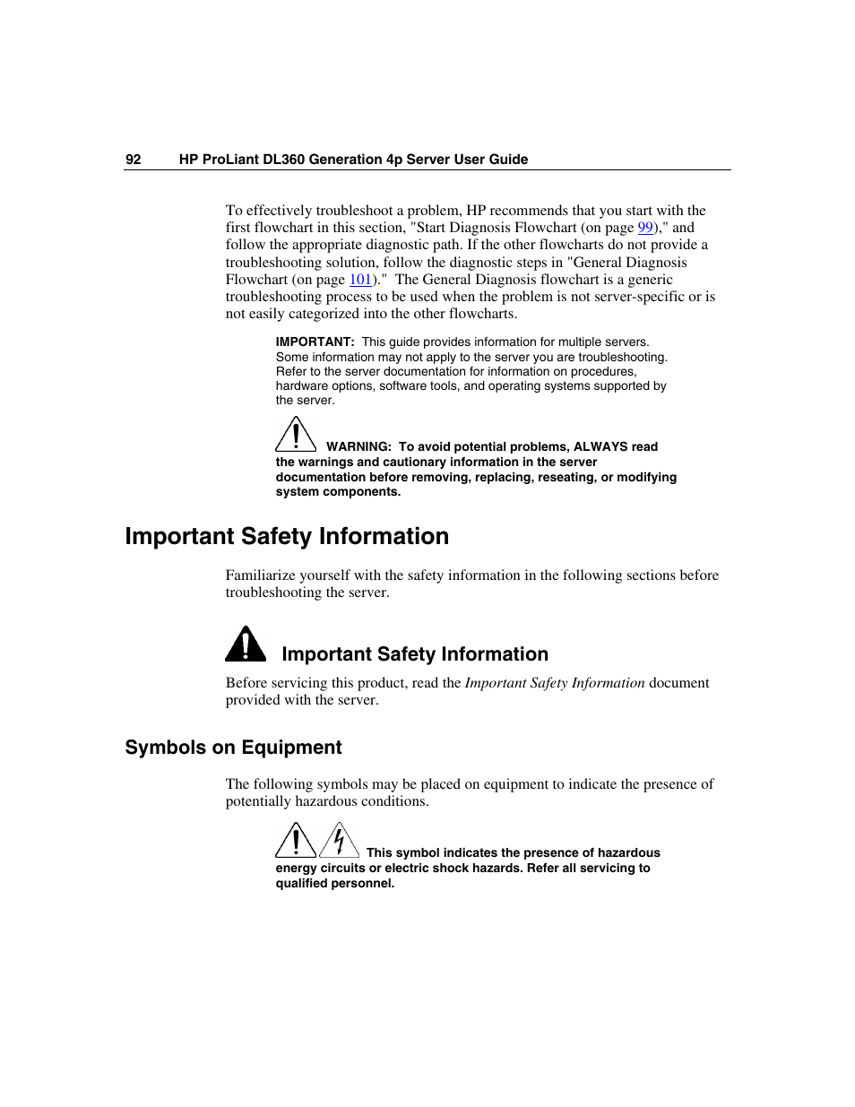 Important safety information, Symbols on equipment | HP ProLiant DL360 G4p Server User Manual | Page 92 / 140