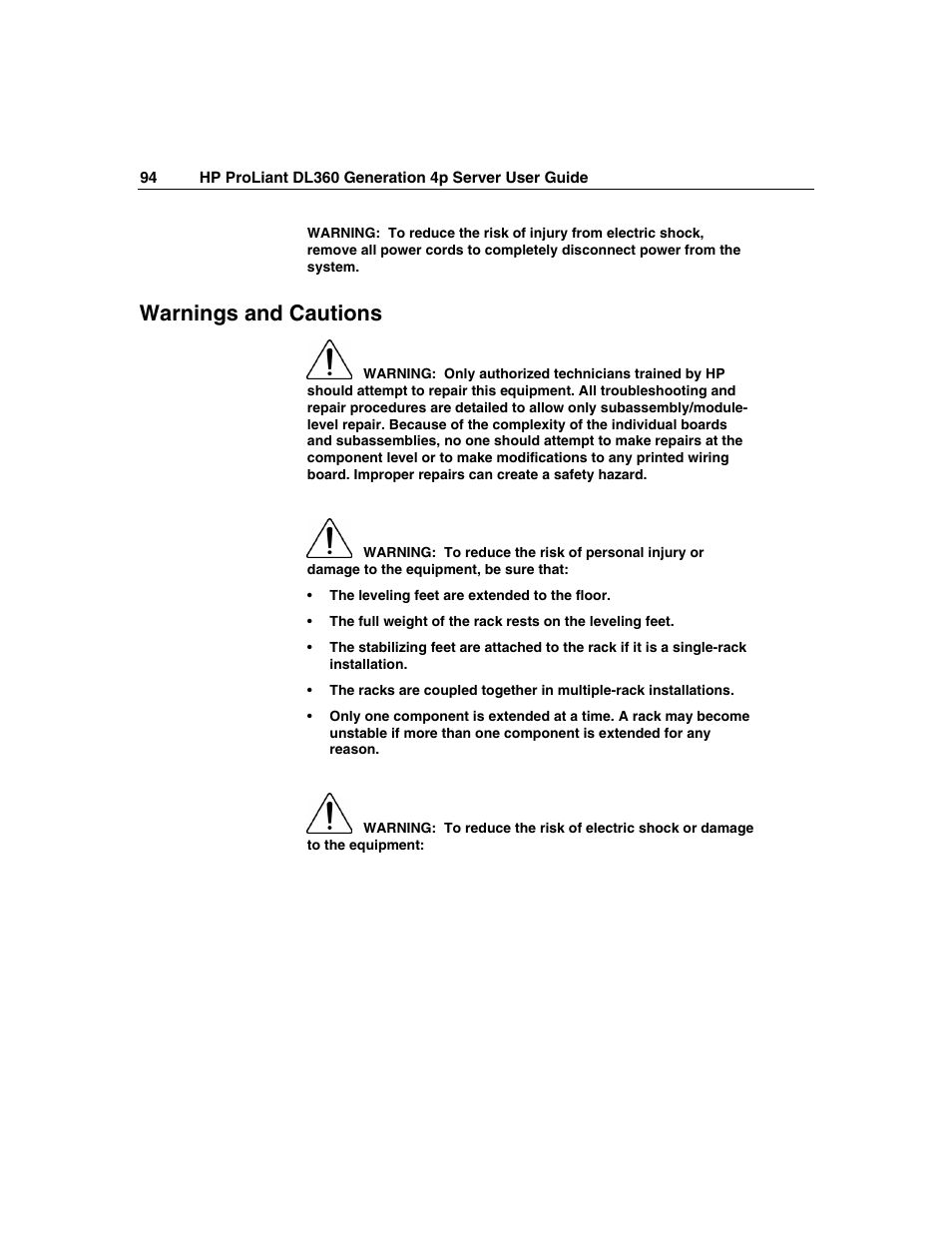 Warnings and cautions | HP ProLiant DL360 G4p Server User Manual | Page 94 / 140