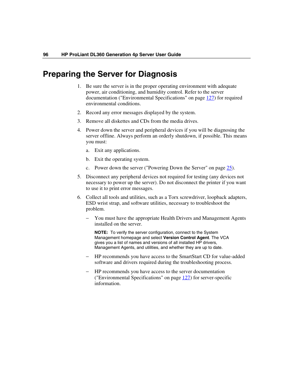 Preparing the server for diagnosis | HP ProLiant DL360 G4p Server User Manual | Page 96 / 140