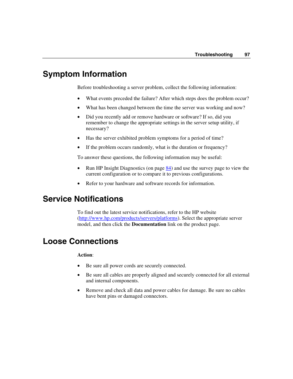 Symptom information, Service notifications, Loose connections | HP ProLiant DL360 G4p Server User Manual | Page 97 / 140