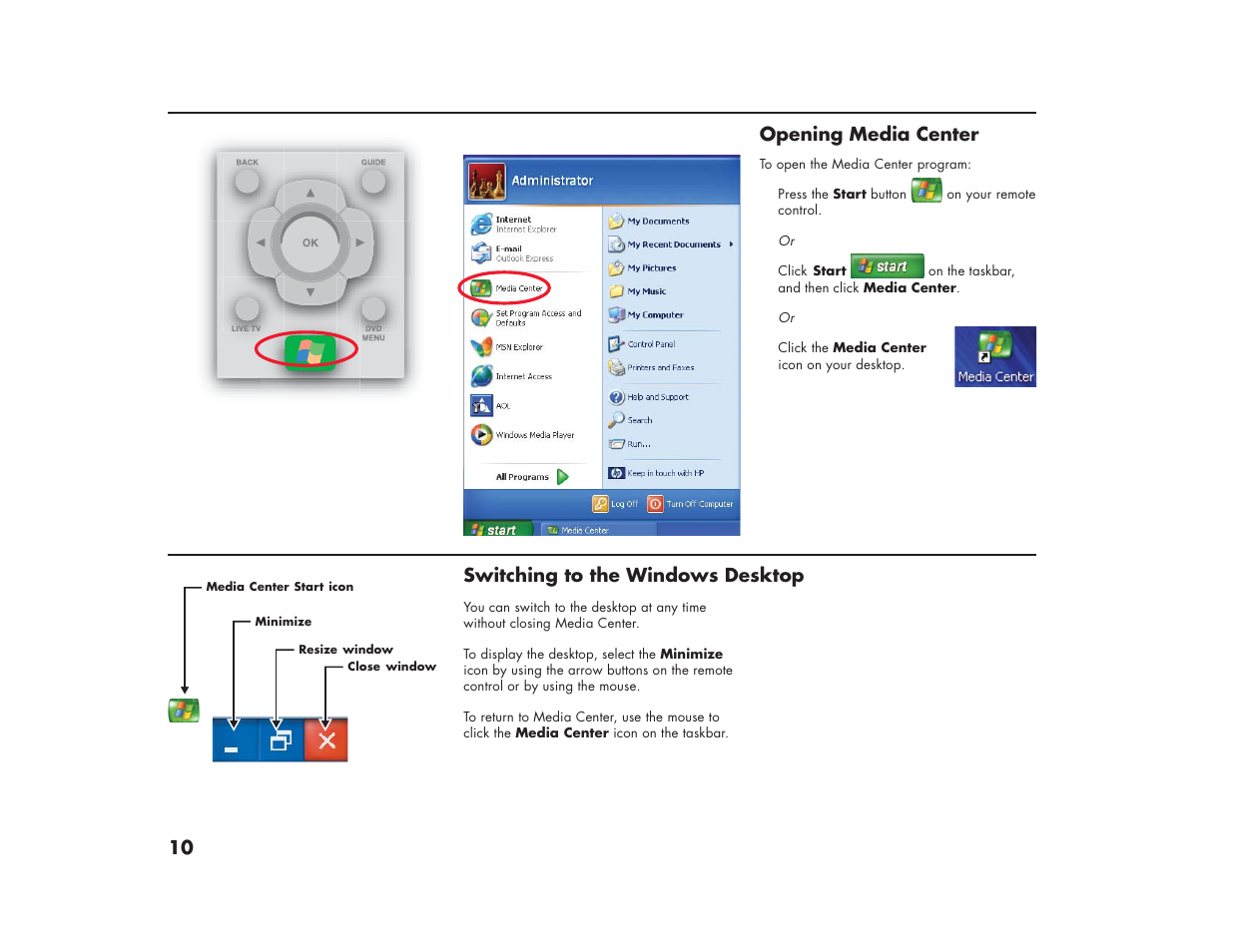 10 opening media center, Switching to the windows desktop | HP Media Center m270 Desktop PC User Manual | Page 14 / 86