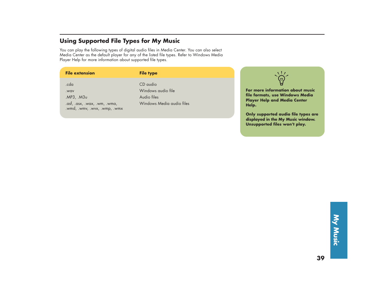 My music | HP Media Center m270 Desktop PC User Manual | Page 43 / 86