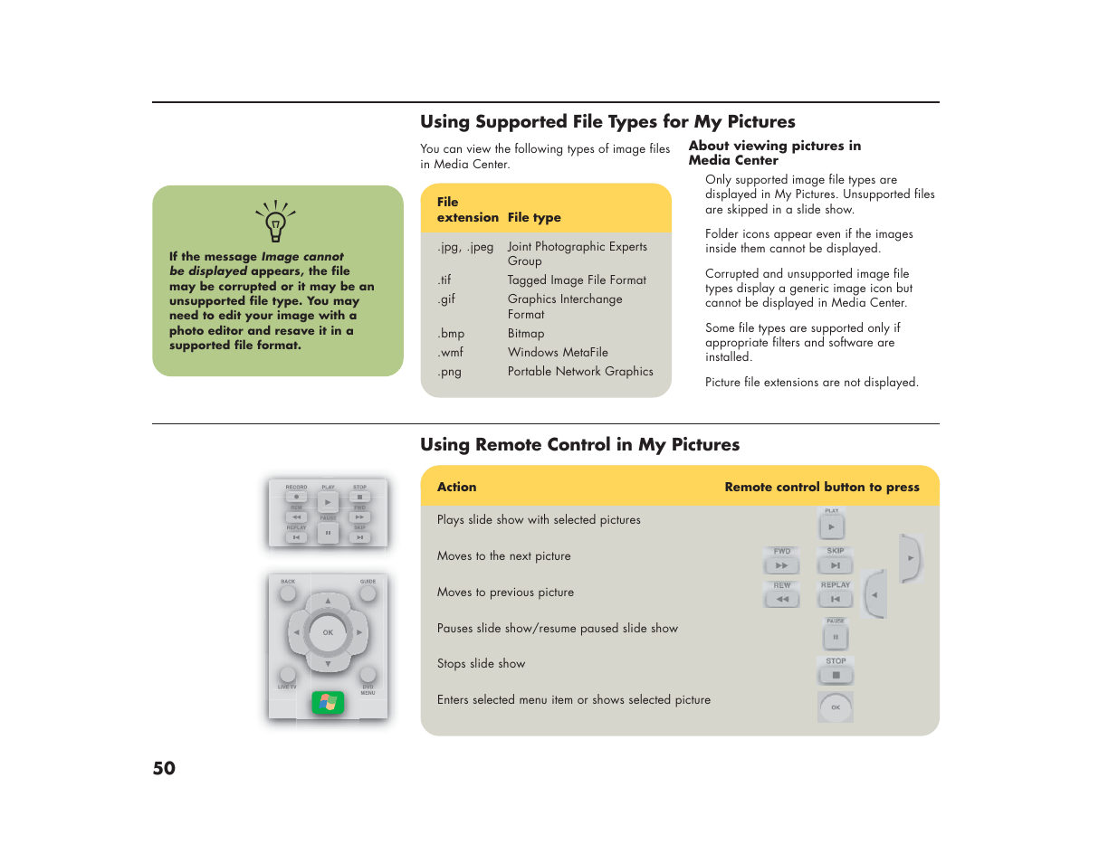 50 using supported file types for my pictures, Using remote control in my pictures | HP Media Center m270 Desktop PC User Manual | Page 54 / 86