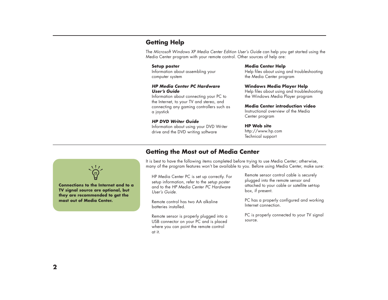 2getting the most out of media center, Getting help | HP Media Center m270 Desktop PC User Manual | Page 6 / 86