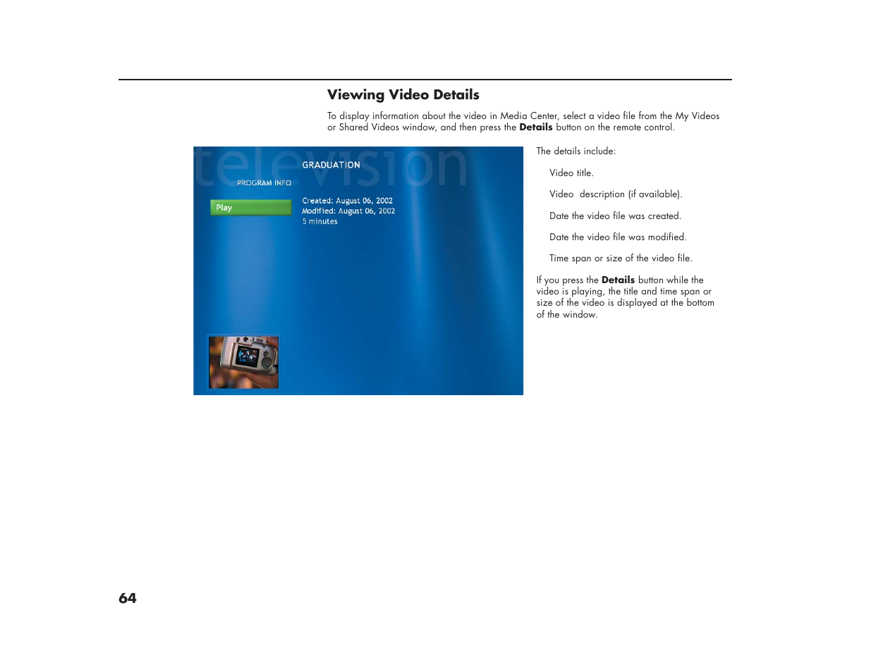 64 viewing video details | HP Media Center m270 Desktop PC User Manual | Page 68 / 86