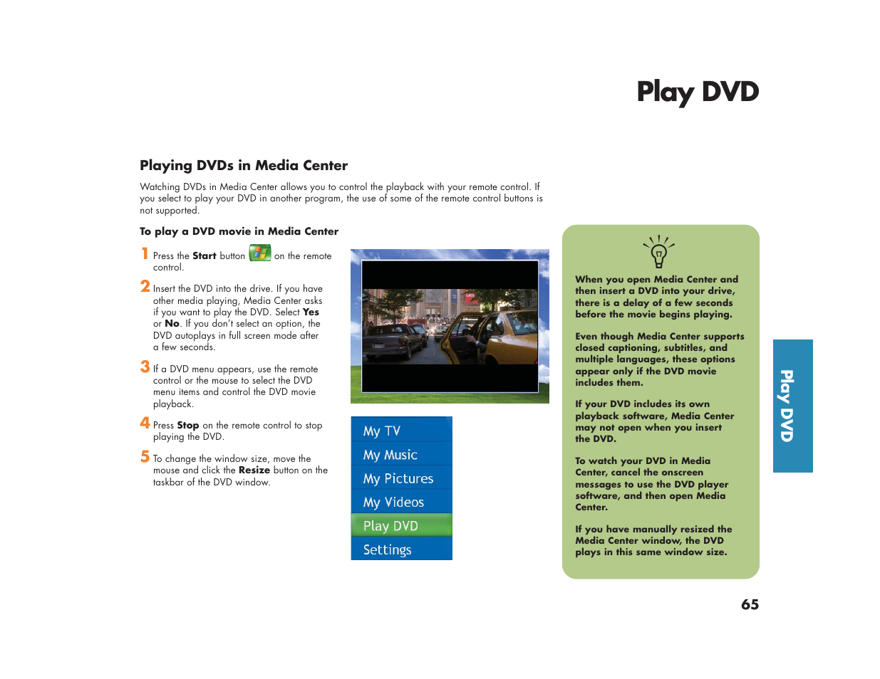 Play dvd | HP Media Center m270 Desktop PC User Manual | Page 69 / 86