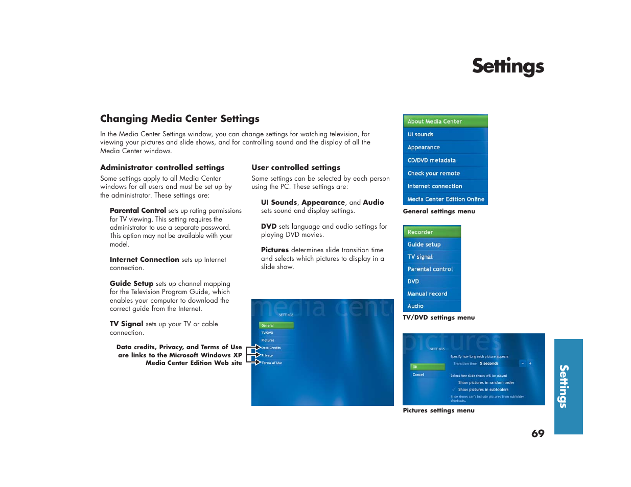 Settings, Changing media center settings | HP Media Center m270 Desktop PC User Manual | Page 73 / 86