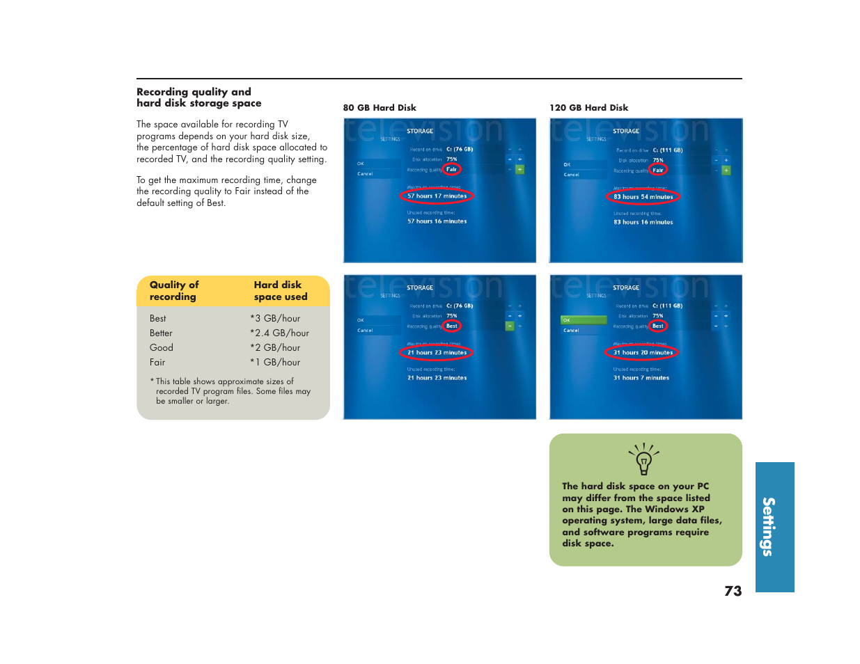 Settings | HP Media Center m270 Desktop PC User Manual | Page 77 / 86