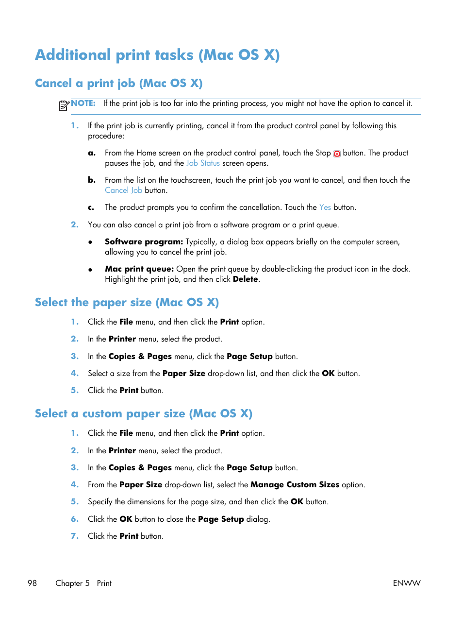 Additional print tasks (mac os x), Cancel a print job (mac os x), Select the paper size (mac os x) | Select a custom paper size (mac os x) | HP LaserJet Enterprise 500 Color MFP M575 User Manual | Page 112 / 308