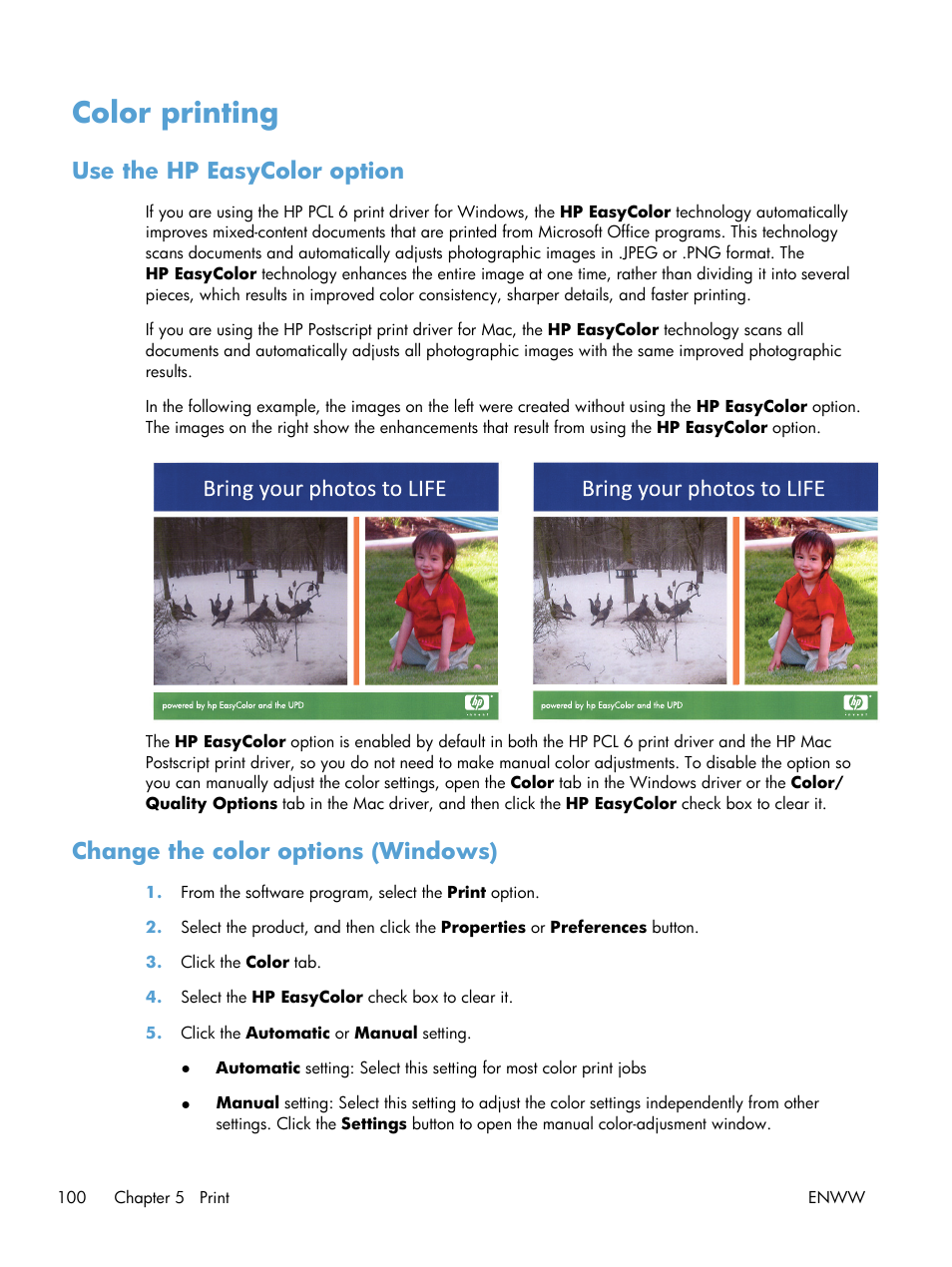 Color printing, Use the hp easycolor option, Change the color options (windows) | HP LaserJet Enterprise 500 Color MFP M575 User Manual | Page 114 / 308