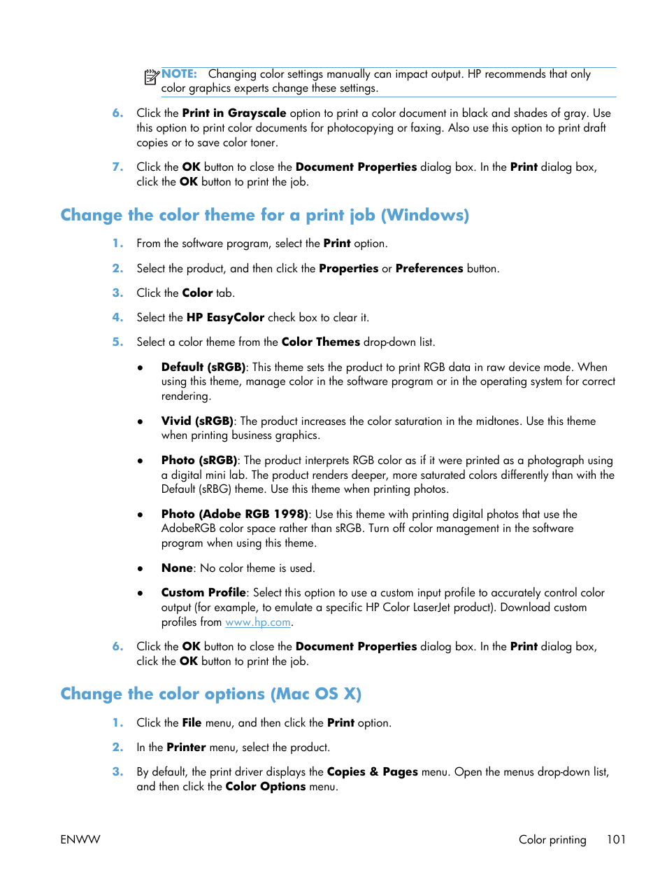 Change the color theme for a print job (windows), Change the color options (mac os x) | HP LaserJet Enterprise 500 Color MFP M575 User Manual | Page 115 / 308