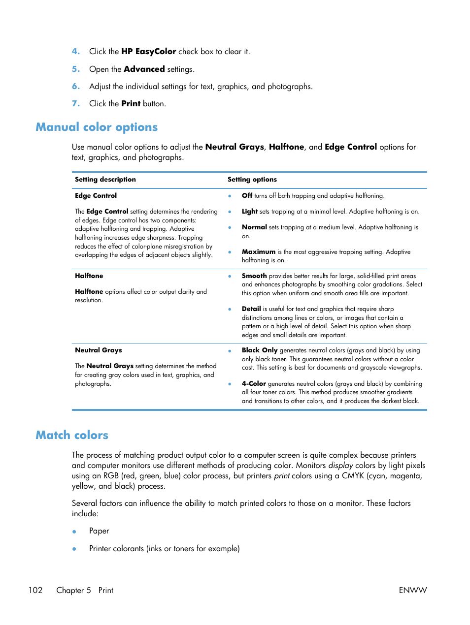 Manual color options, Match colors, Manual color options match colors | HP LaserJet Enterprise 500 Color MFP M575 User Manual | Page 116 / 308