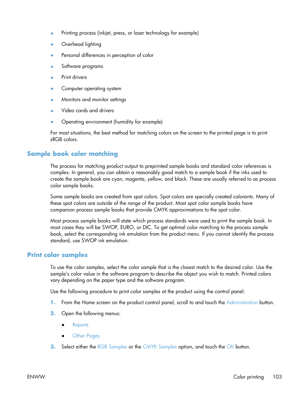 Sample book color matching, Print color samples, Sample book color matching print color samples | HP LaserJet Enterprise 500 Color MFP M575 User Manual | Page 117 / 308