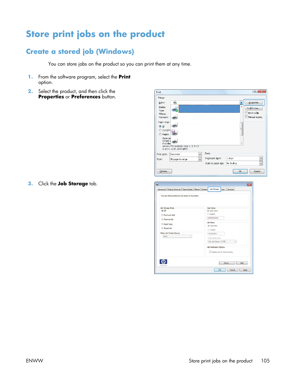 Store print jobs on the product, Create a stored job (windows) | HP LaserJet Enterprise 500 Color MFP M575 User Manual | Page 119 / 308